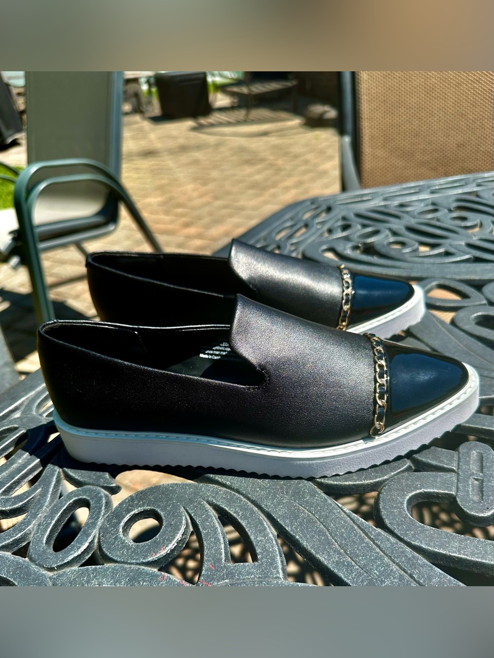 Karl Lagerfeld ‘Caralee’ Black Leather Slip-On Loafers with Gold Chain Accent